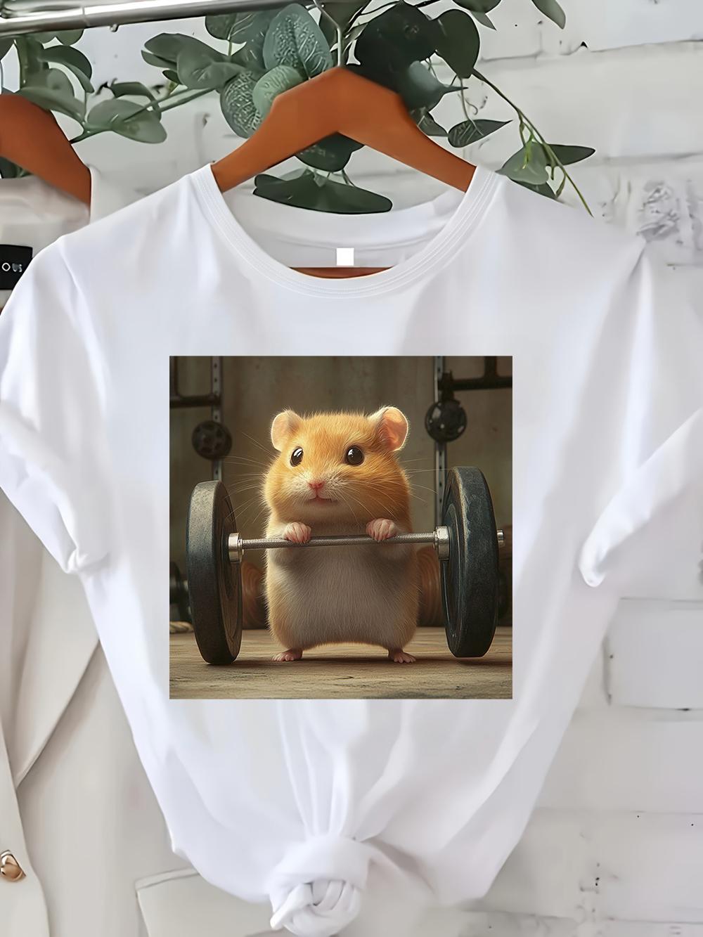 Funny ShortSleeve Lifting Hamster Graphic Tshirt Cute Gym Rat Hamster Casual White Top Cute Fitness Meme Crew Neck Tee Unisex S