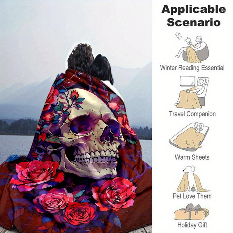 1pc Skull and Roses Cartoon Blanket  Soft Throw for Room Decor, Perfect Gift for Friend, Living Room, Travel, Camping, Car Blankets
