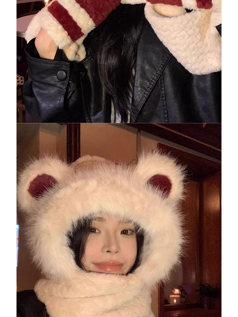 2024 Women's Red Angora Bear Hat with Thick Winter Scarf & Gloves