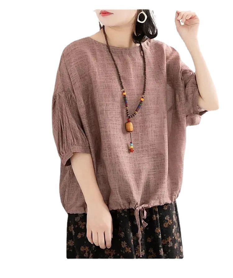 Women's Plus Size Batwing Sleeve Drawstring Hem T-shirt - Casual Round Neck Mid Sleeve, Summer 2024