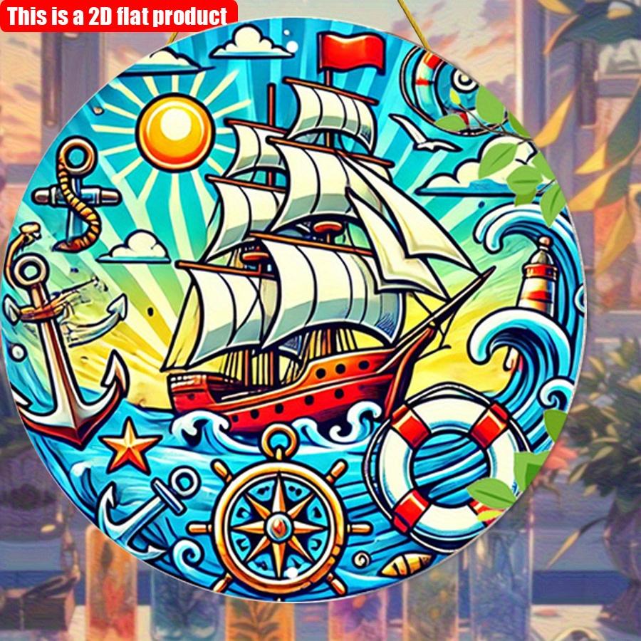 2D flat 20*20cm 1pc Retro Cartoon sailboat&anchor patterns wall art ornament, rustic Nautical theme decoration for Bedroom, sailboat, beach houses a