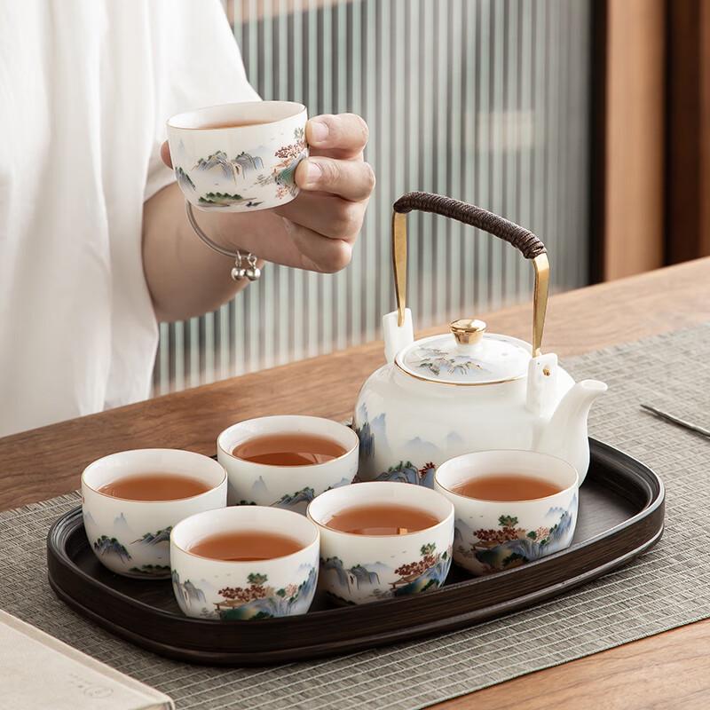High-End Mutton Fat Jade Porcelain Kung Fu Tea Set with Landscape Design