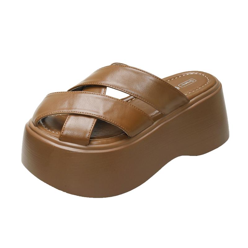 Fashion 8CM Women Leather Sandals New Ladies Shoes Woman Pumps Women Cross-strap Slides Platform Shoes Heels Slip On Round Toe Slippers