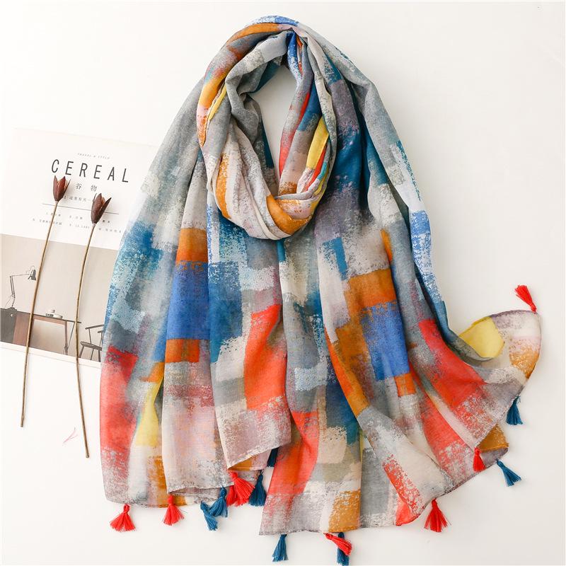 "Bali Yarn Cotton-Linen Scarf: Fresh Solid Color, Fruit Green & Bright Yellow Leaf Print with Tassel Detail"