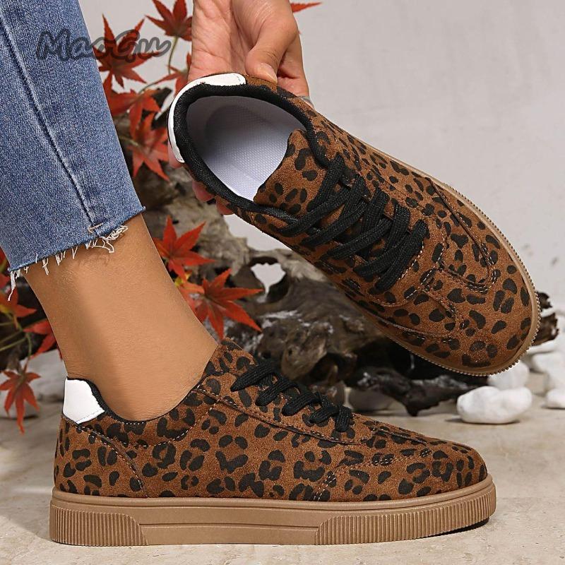 Brązowe Leopardowe Sznurowane Damskie Buty Wulkanizowane Wiosna Jesień Okrągły Nosek Modne Codzienne Trampki Wygodne Płaskie Zapatillas De Mujer
