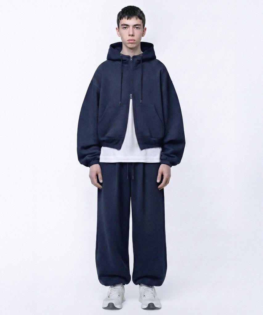 Prinoar [Set] String Oversized Two-Way Zip-Up Hoodie + Single-Pleat Wide Pants - Navy
