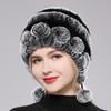 Winter Hats for Girls Women's Fur Hat Real Rex Rabbit Cap Floral Knitted Hat with Balls Skulls Beanies 55-59cm