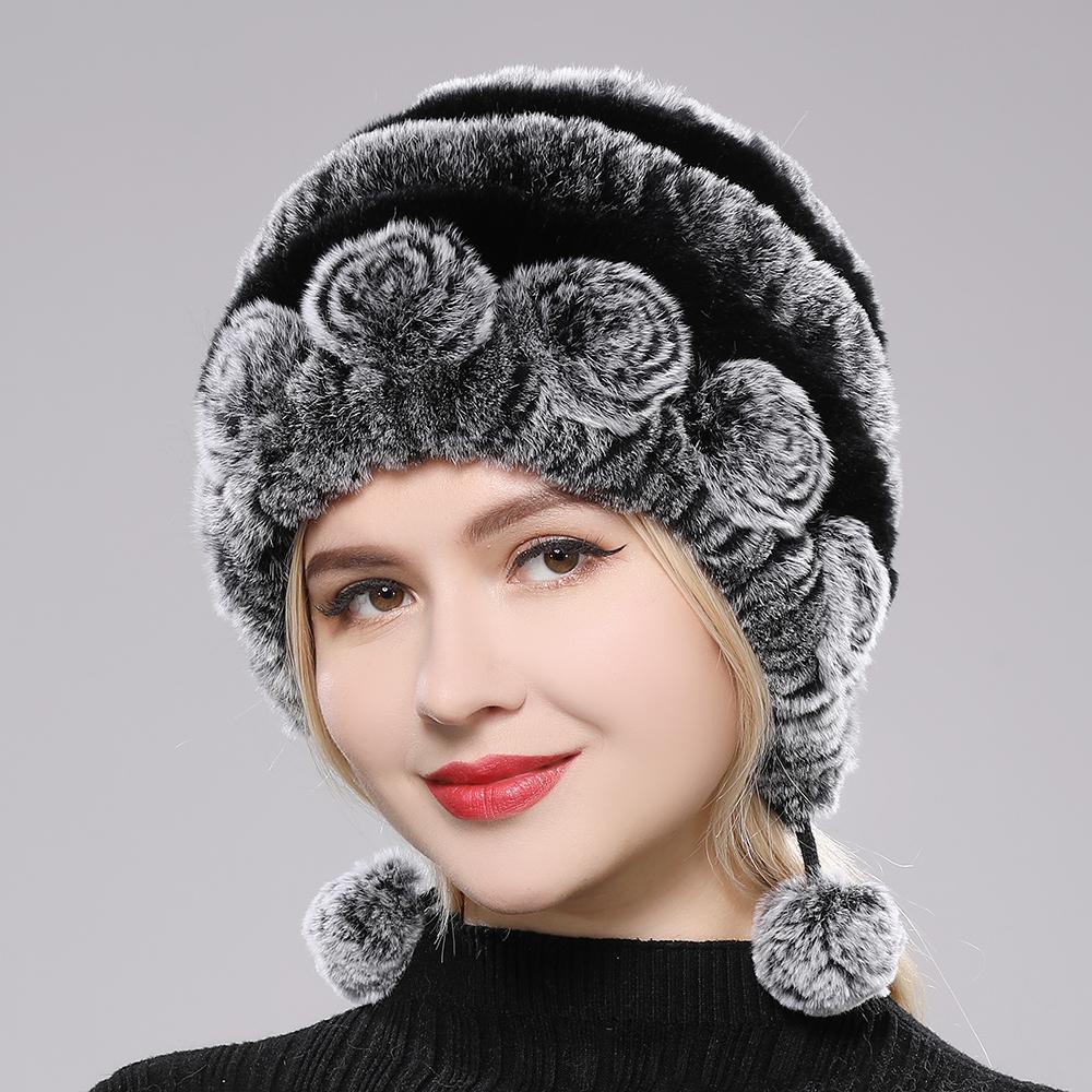 Winter Hats for Girls Women's Fur Hat Real Rex Rabbit Cap Floral Knitted Hat with Balls Skulls Beanies 55-59cm