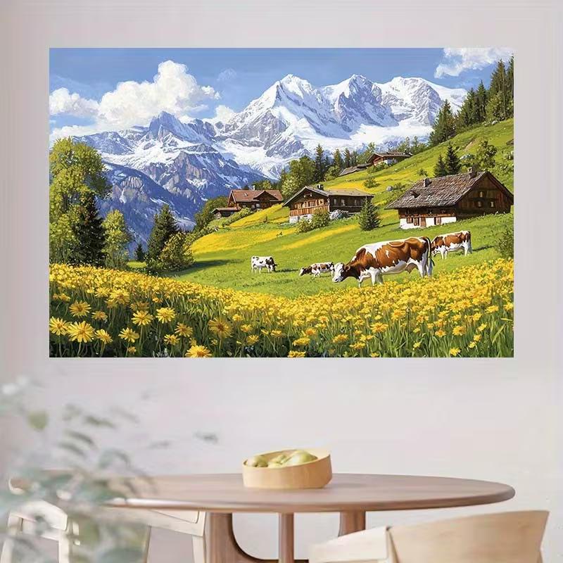 2D Spring Pasture Backdrop Cloth, Cow & Wildflower Photography Background for Kids