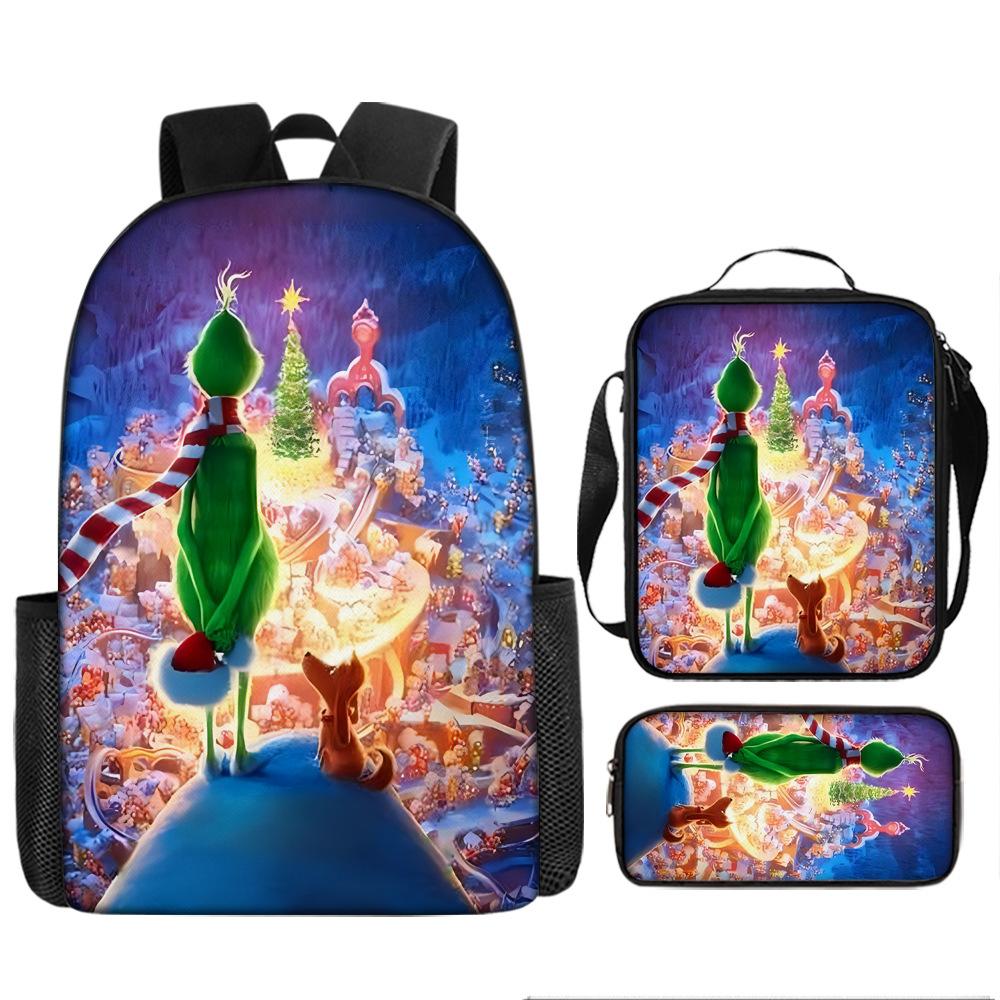 Green Hair Monster Grinch School Bag Campus 12345th and 6th Grade Backpack Lightweight Weight Loss Computer Bag Three-piece Set