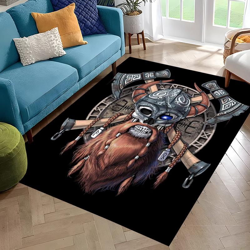 Nordisches Wikingerkrieger Symbol Walhalla Valknut Rune Motto Teppich für Schlafzimmer Wohnzimmer Sofa Zuhause Fußmatte Dekor, Rutschfeste Bodenmatte