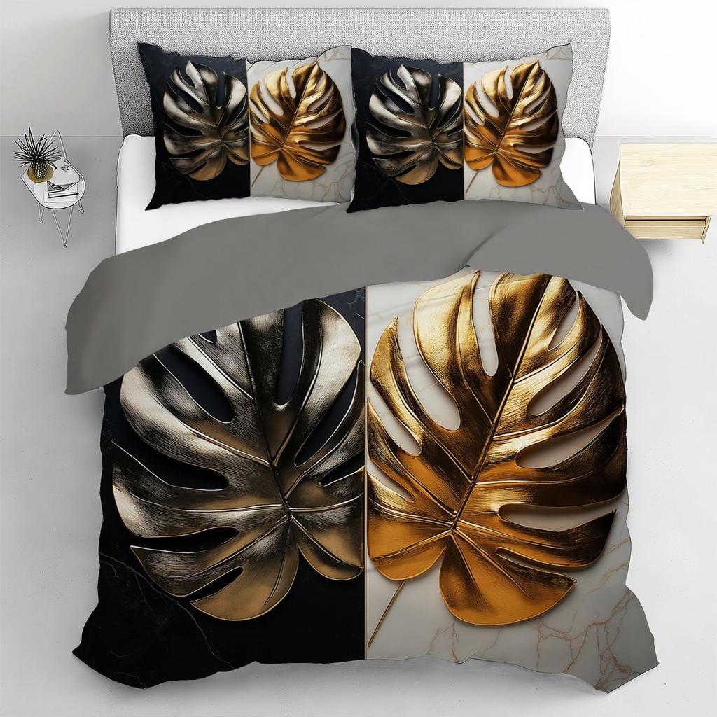 Luxury Golden Floral Duvet Cover Set Black Golden Plant Leave Decor Comforter Cover Fashion Plant Print Bedding Set With Zipper