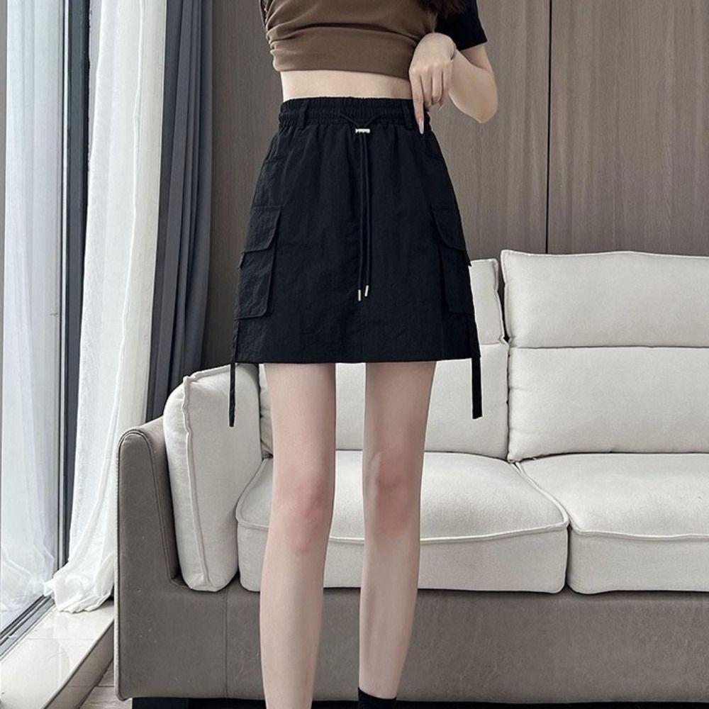 Drawstring Wide Half Leg Skirts Lace Up Causal Skirts Women Fashion High Waist Skirt  Streetwear