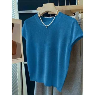 Damen Blau Geripptes Kurzarm-Strickoberteil Rundhalsausschnitt Schmale Passform Lässige Strickware