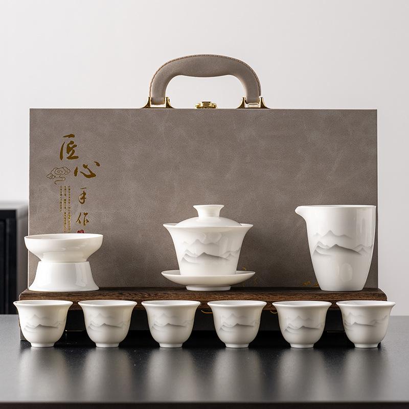 Light Luxury Suet Jade White Porcelain Cover Bowl Kung Fu Tea Set, Complete Set of Office Business Gifts, Gift Boxes, Boutique Products