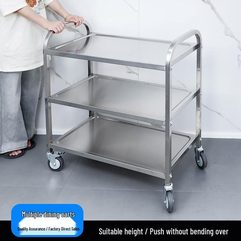 Three-tier Stainless Steel Service Cart: Meal, Food, Beverage, and Dish Collection Trolley for Restaurants and Hotels.