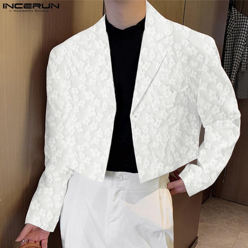 INCERUN Men Lapel Neck Long Sleeve One Button Flowers Texture Cropped Blazer Coats
