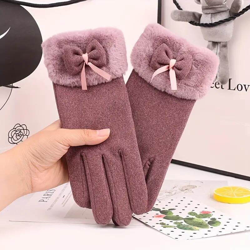 Women's Velvet Outdoor Cycling Bow Warm Gloves Windproof and Cold-proof Touch Screen Gloves