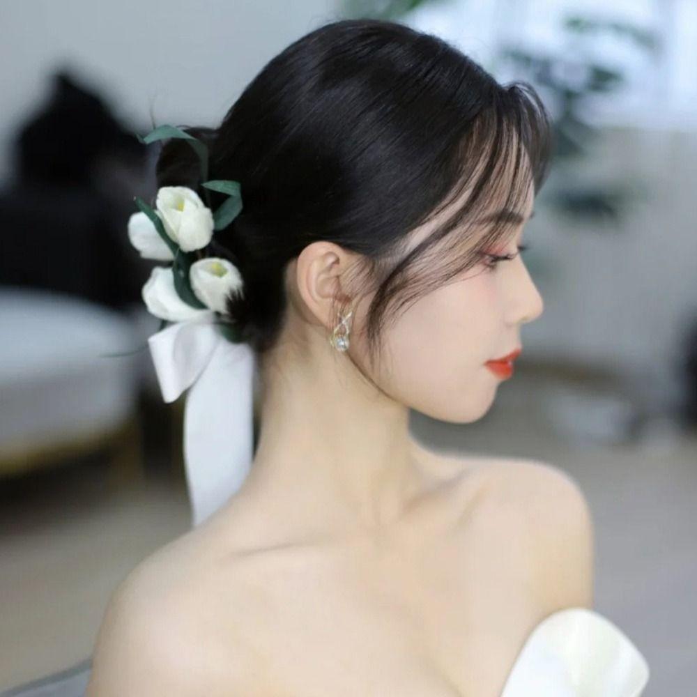 Fashion Ribbon Brides Hairband Elegant Red Flower Hairpins Handmade Tulip Headdress Wedding