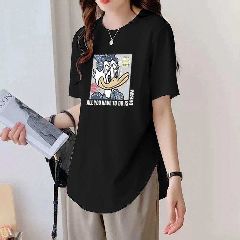 Summer Large Size New Design Style Hem Curved Loose Short-sleeved T-shirt for Women's Pure Cotton Hip-covering Top