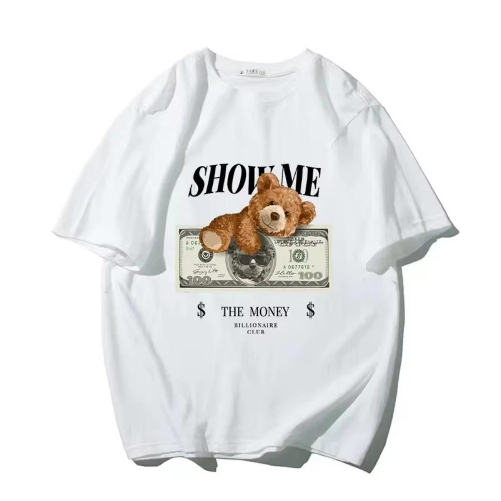 2023 New Men's Cartoon Bear USD Print 100% Cotton T-shirt High Quality Short Sleeved Shirt Street Fitness Clothing