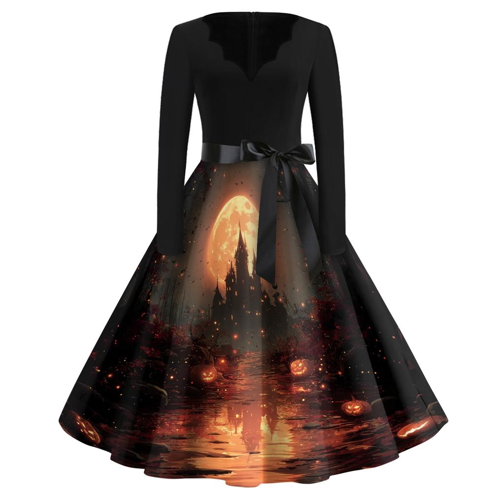 Women's Vintage Halloween Print V-Neck Dress, Casual Party Outfit for Celebrations