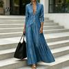 Mid-length Dress Women Button Down Maxi Denim Dress, Long Sleeve Lapel V Casual Loose Neck Flowy A-line Jean with Pockets Summer