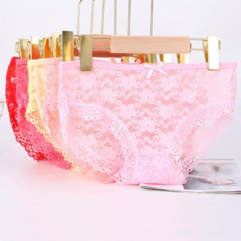 Girls' Sexy Lace Briefs Breathable Underwear with Butterfly Knot Carved Mid Air Waist Knickers Solid Color Women's Triangle Panties