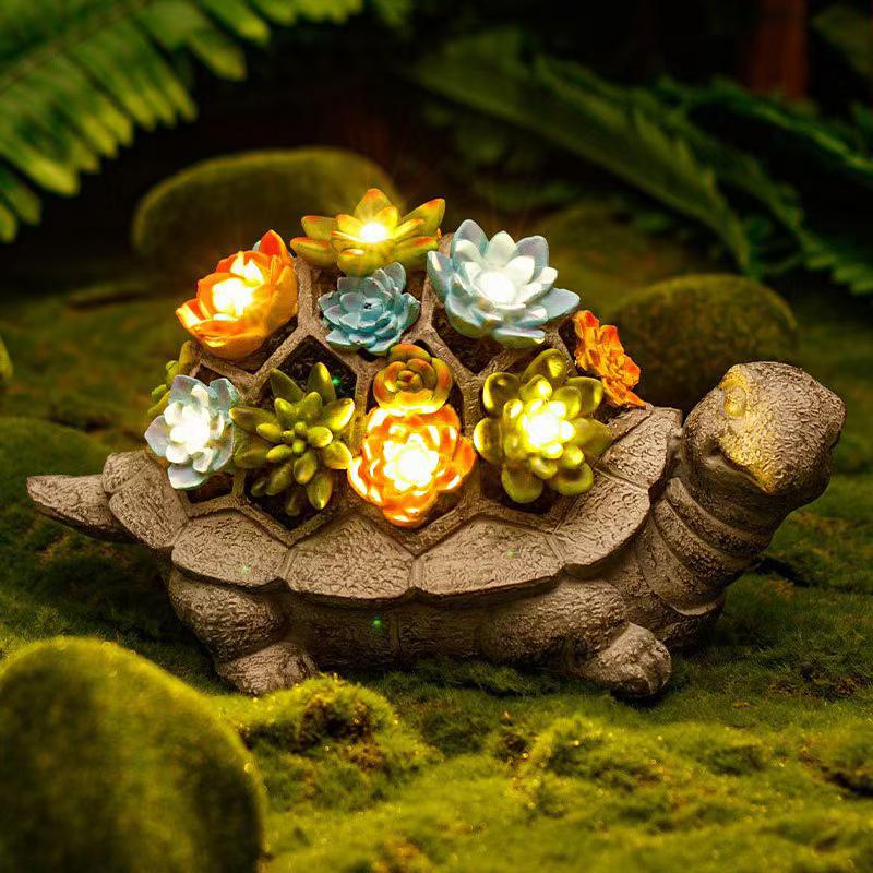 Solar-Powered Outdoor Turtle Resin Statue with Succulent Figurine and Decorative Light