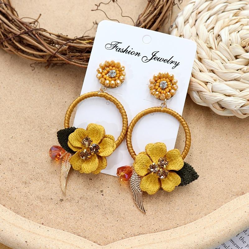 Vintage crystal flower big circle stud earrings long temperament personalized vacation earrings bohemian earrings women