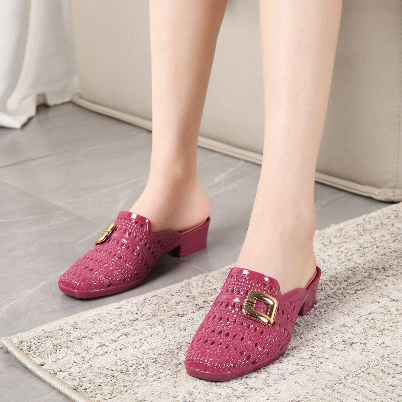 Fashion 2024 New Women Hollow Out  Slippers,Summer Mid Heels,Soft Beach Shoes,Buckle Slides,Outside Footwear,BLACK,APRICOT,RED,Dropship