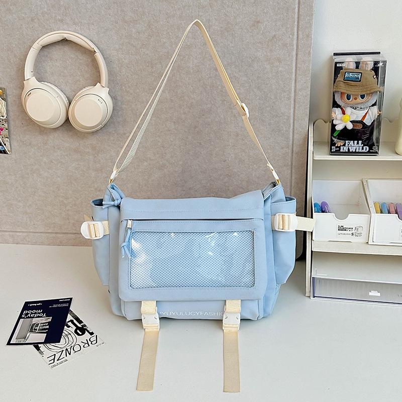 School bag, college style, versatile, simple and large-capacity class, mail carrier bag, student transparent one-shoulder casual oblique span bag