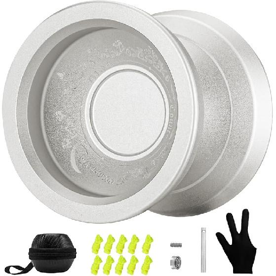 WATIEOBOO Yoyo Responsive Yoyo for Kids 8-12,Professional Unresponsive Yoyo for Adults Pro Metal Trick Yoyo with Yo Yo Bearing Kit 10 Strings, Case & BJ-Silver