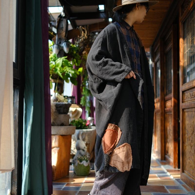 Johnature Women Vintage Patchwork Floral Trench Solid Color Linen Coats Autumn Long Sleeve Chinese Style Long Trench