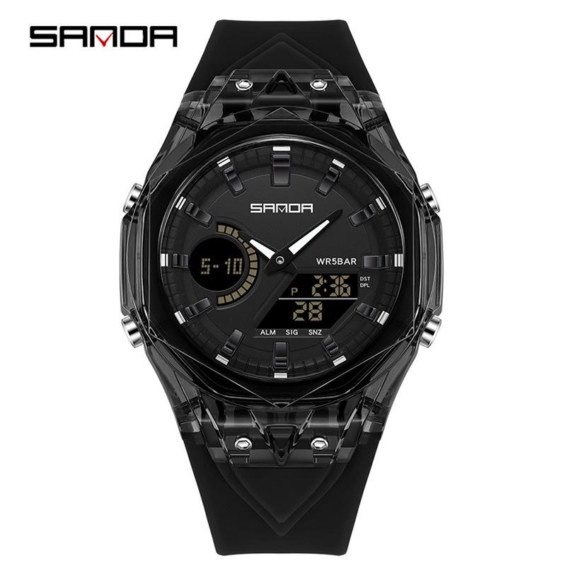 Sanda Dual Display Multifunction Fashion Wristwatch with Colorful Transparent Case for Youthful Korean Style