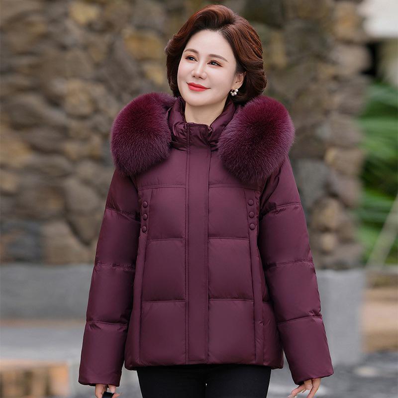 Premium Winter Hooded Short Down Jacket for Middle-aged and Elderly Women with Fox Fur Collar
