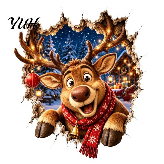 Holiday Wall Stickers Christmas Break-In 3D Decal, Santa Claus/Deer/Snowman/Elf/Dog/Nutcracker/Gingerbread Man Patterns Window Festive Home Decoration
