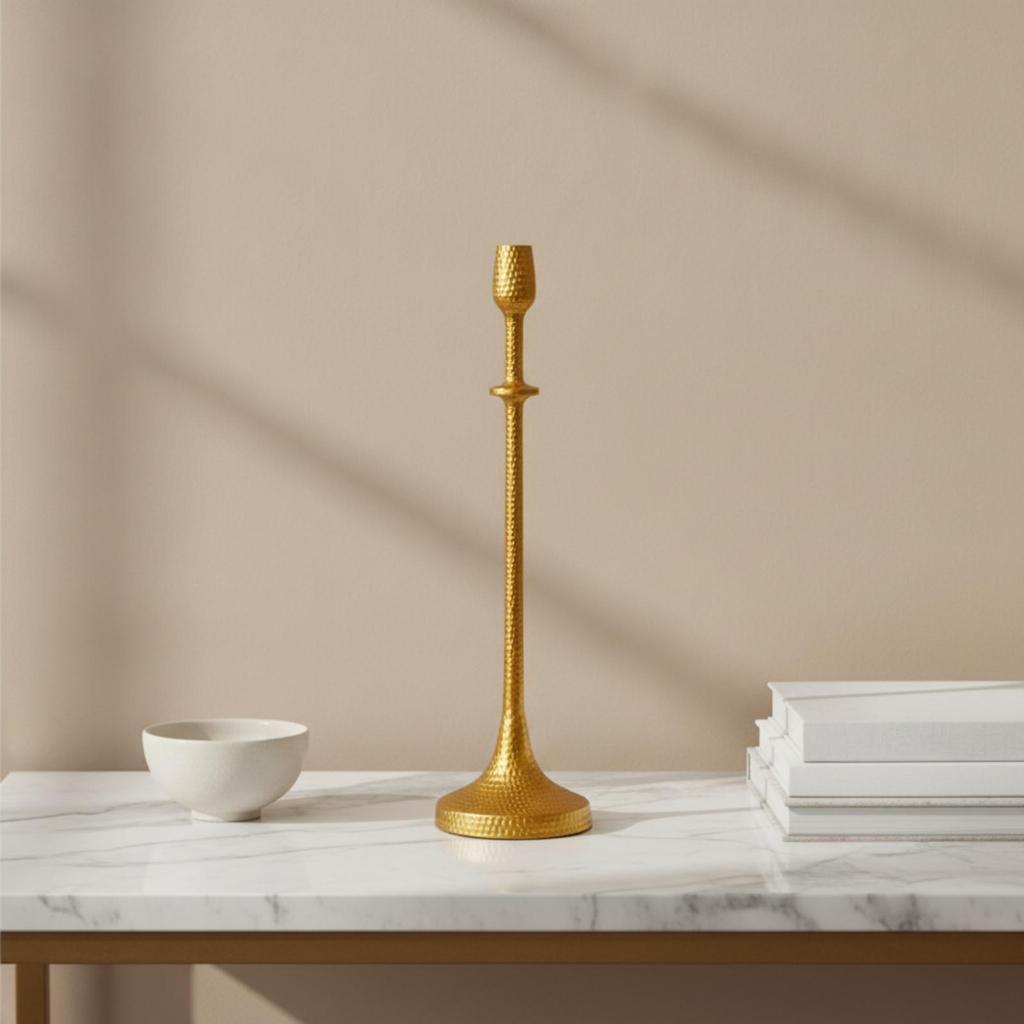 Aluminum Candlestick with Gold Electroplated Finish Stable for Entryway, Mantel