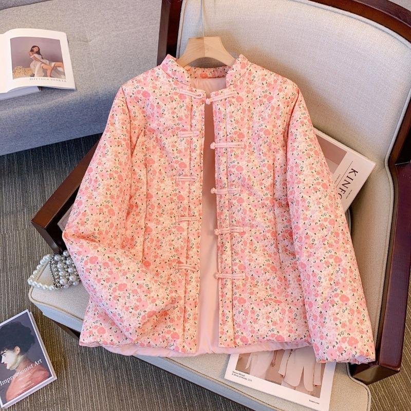 Medium floral padded jacket Winter Chinese retro disc-buckled padded jacket Thickened Tang padded jacket Women's light cheongsam jacket