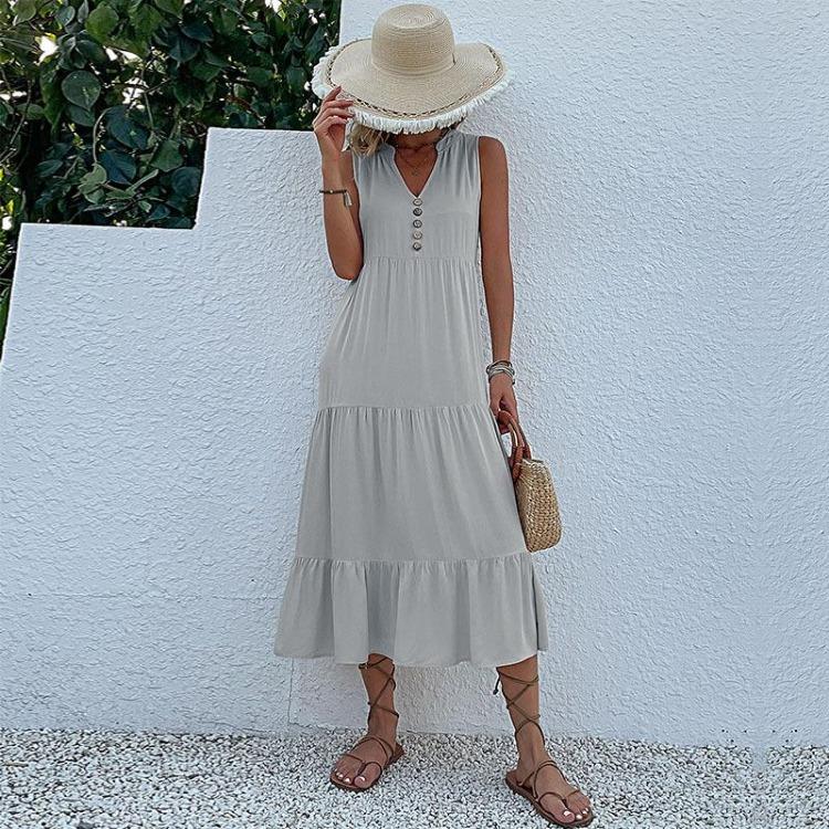 Summer Women Dress Sleeveless V Neck A-Line Knee-Length Solid Color