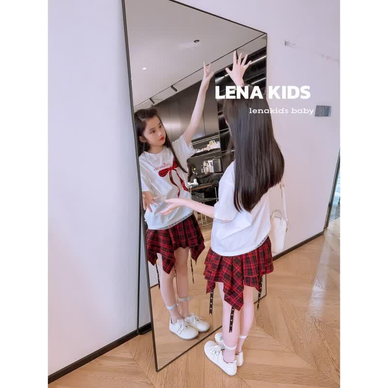 LENAKIDS Sweet Cool Bowknot T-shirt & Irregular Plaid Skirt Set 160 (Height 165cm)