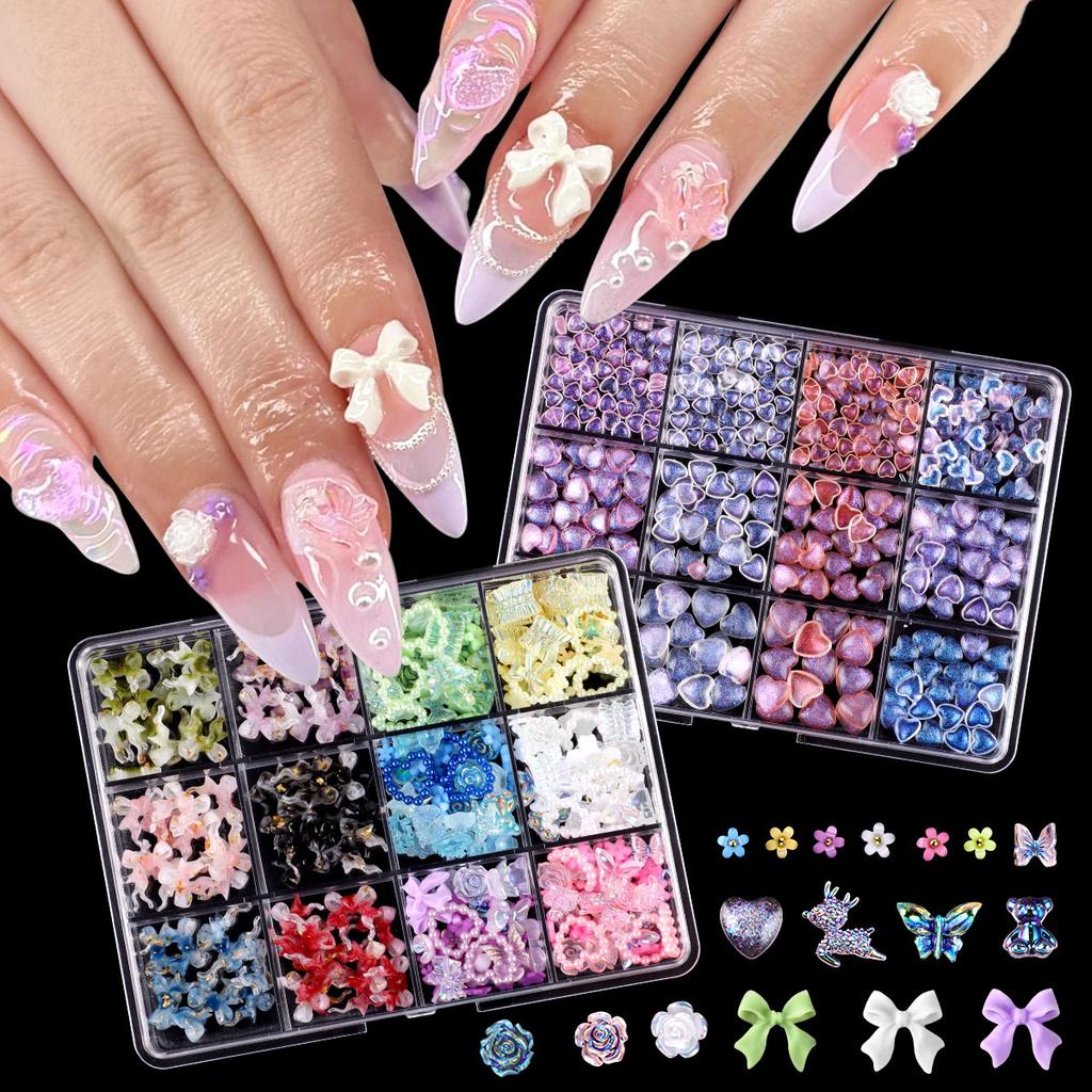 12 Grid Rose Nail Art Alloy Jewelry Resin Bow Camellia Three-Dimensional Flower Mixed Box