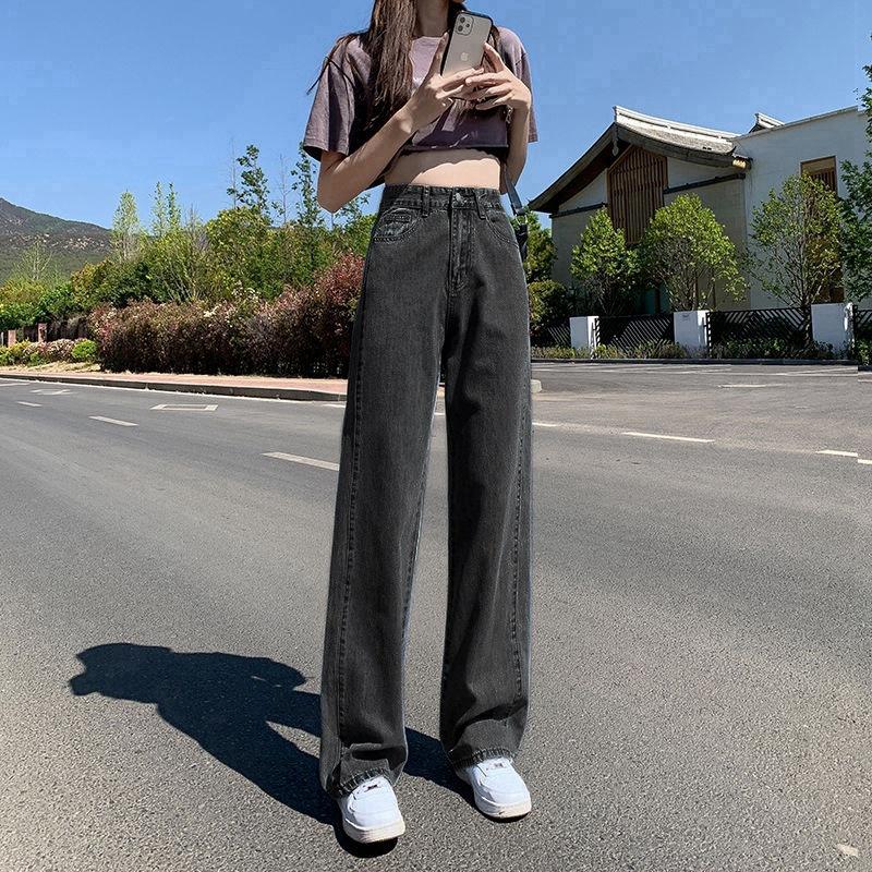 

Модные универсальные синие женские широкие прямые джинсы, тонкие джинсовые брюки с высокой талией, свободные брюки L чёрный/серый