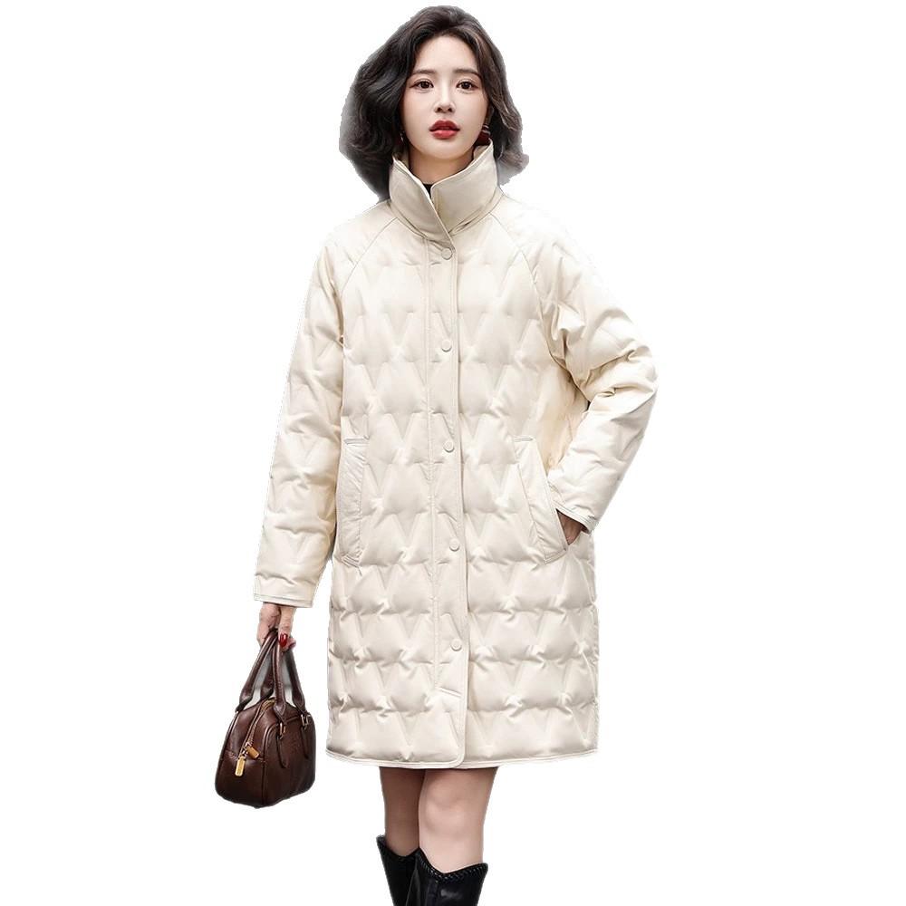 Down jacket women's jacket winter new medium and long hooded warm jacket light down jacket rhombus large size