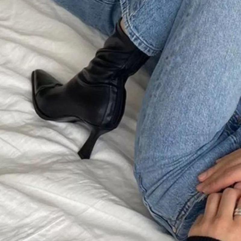 Women High Heels Snow Ankle Boots Leather Pointed Toe Shoes  New Brand Winter Stilettos Zippers Chelsea Pumps Botas Mujer