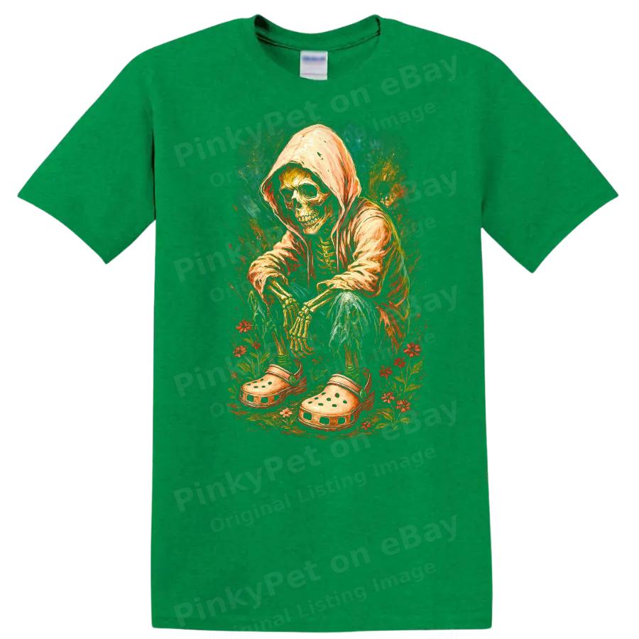 Skeleton Hoodie Sitting W/ Flowers Crocs T Shirt Cool Graphic Tee