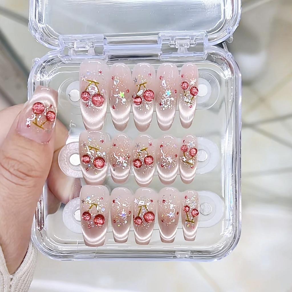 Hand-woven Armored Cat Eye Cherry Three-dimensional Hand-painted Big Cherry French Cat Eye High-end Manicure Sticker
