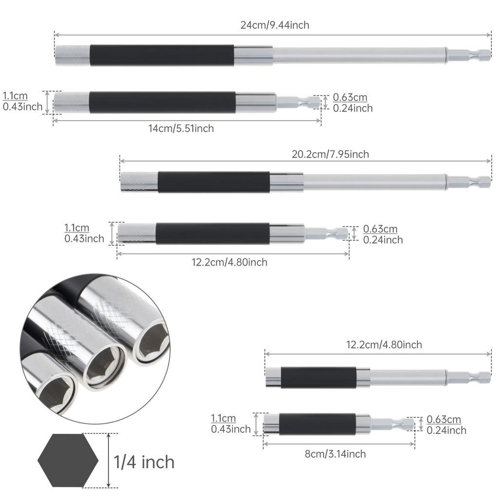 4pcs Scalable Magnetic Drill Bit Holder Extension Bar Adapter 3.1 to 5.5 Inch Heavy Duty 1/4 Inch Hex Shank Universal Fit Nuts Screwdriver Handheld