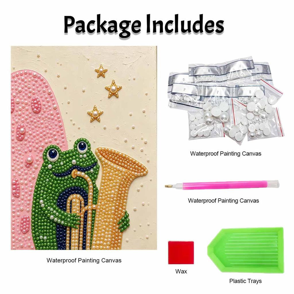 Cute Frog Playing Saxophone Pearl Painting Kit with Frame Sparkling Canvas Art Romantic Bedroom Decor Gift for Adults Creative DIY Wall Art