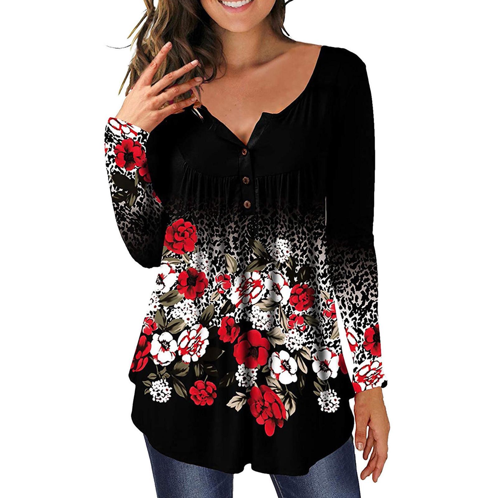 

Women s Fashion Button Print Loose Casual Long-Sleeved T-Shirt Tops L чёрный